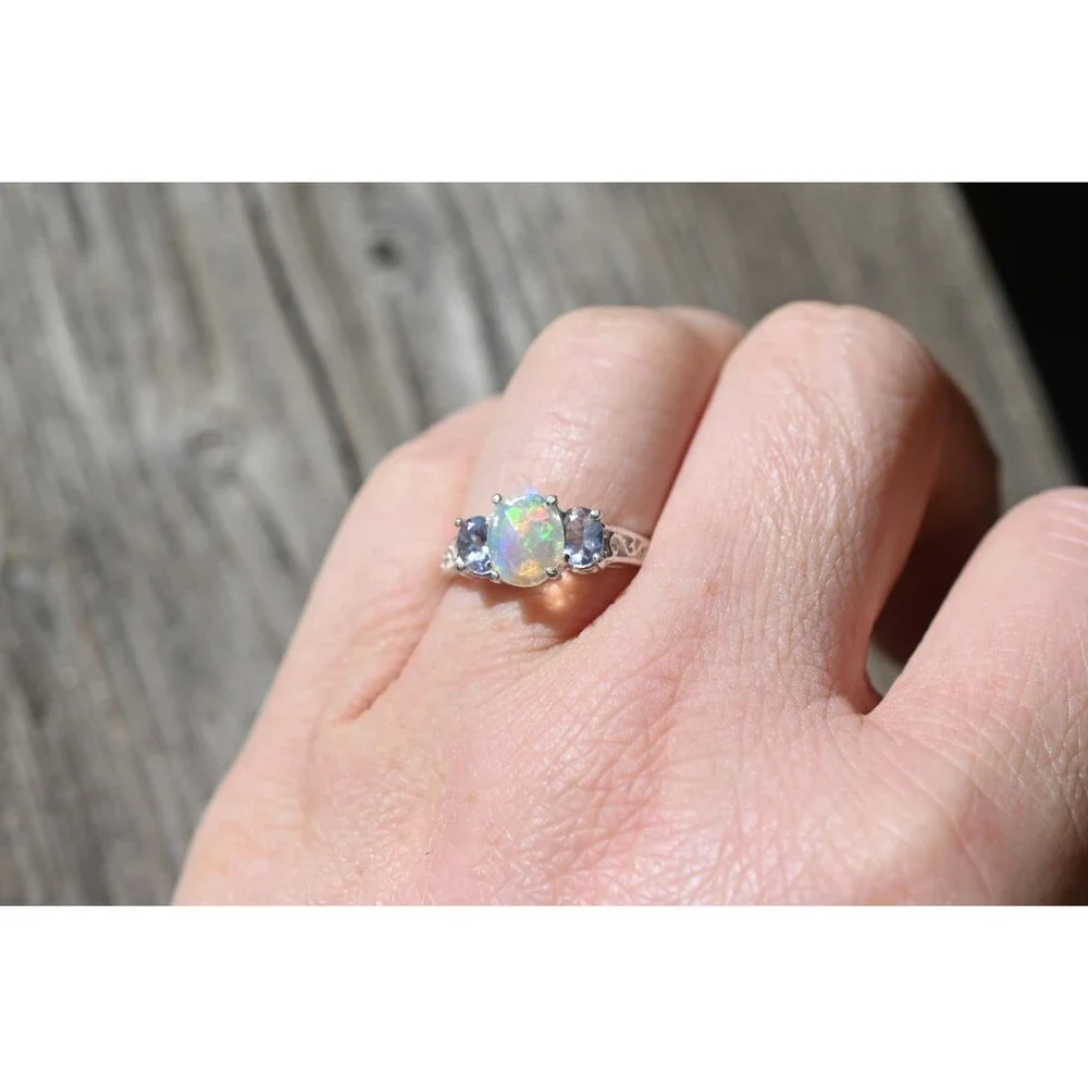 Ethiopian Opal and Tanzanite Ring Sterling Silver Oval Opal , October Birthstone